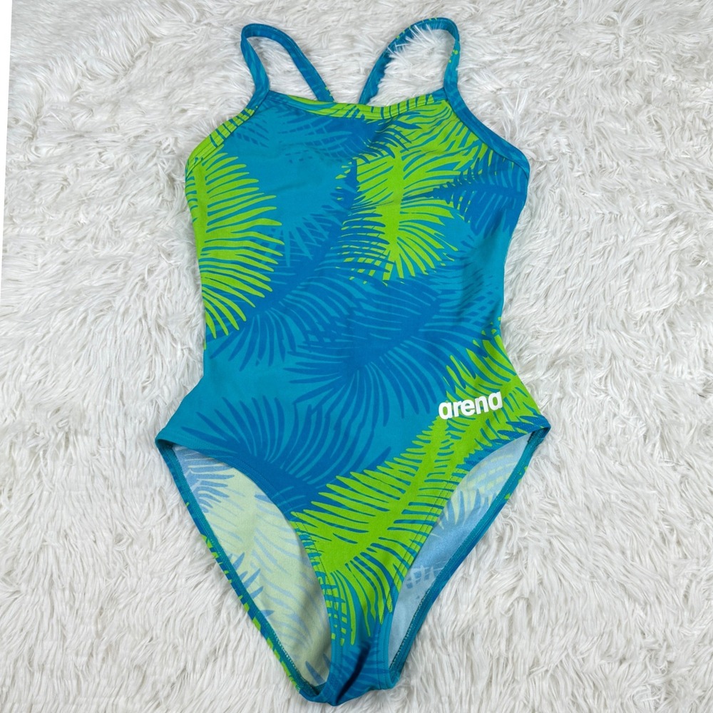Arena Palm Forest Light Drop Back One Piece Swimsuit Blue Green USA 26 Swimming